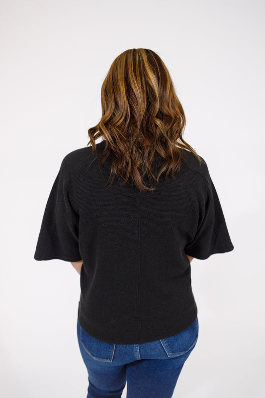 Waffle Knit 3/4 Sleeve Top, BLACK