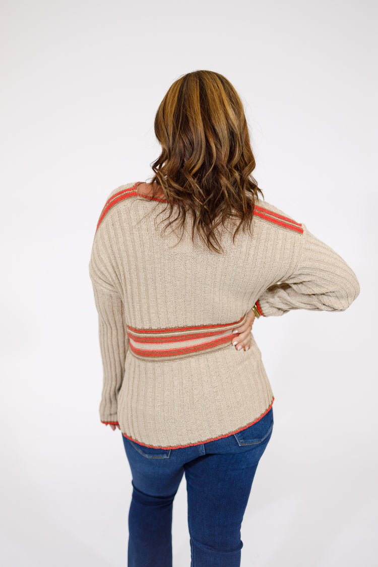 Khaki Color Block Ribbed Sweater