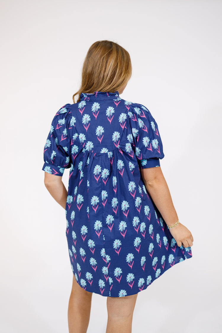 Navy Floral Split Neck Dress