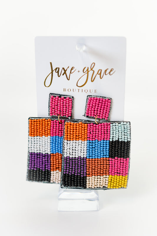 Multi Colored Beaded Square Earrings