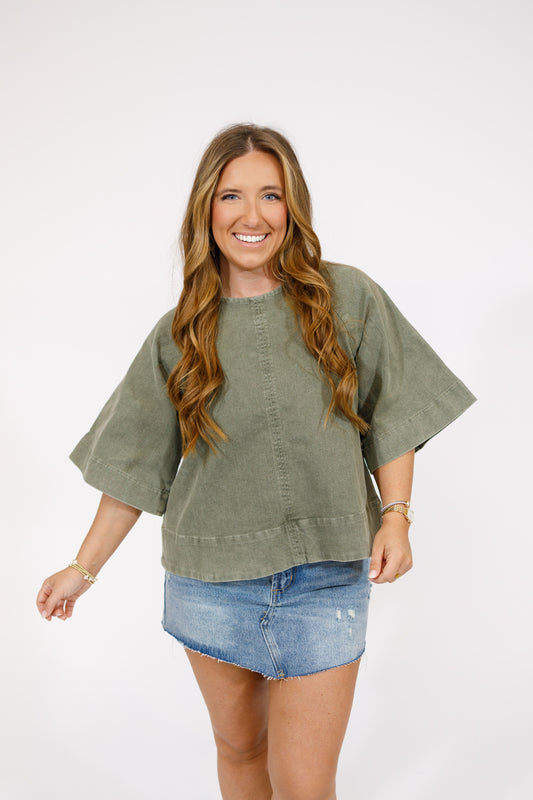 Ash Green Denim Back Tie Top