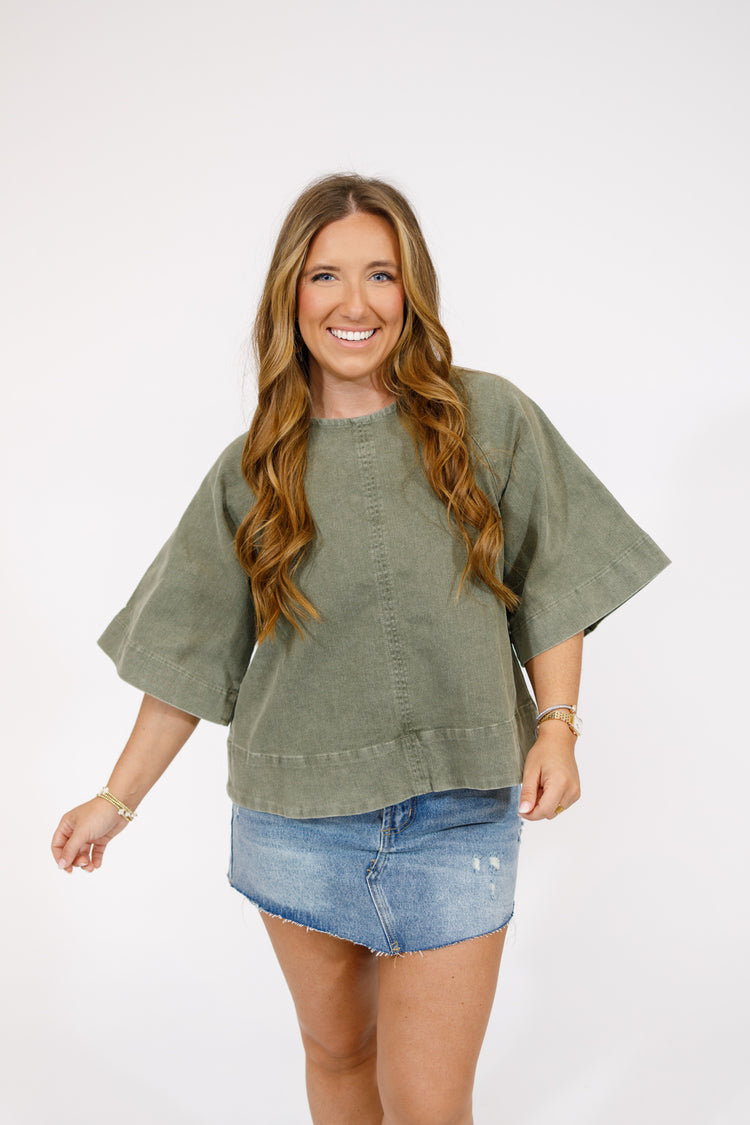 Ash Green Denim Back Tie Top