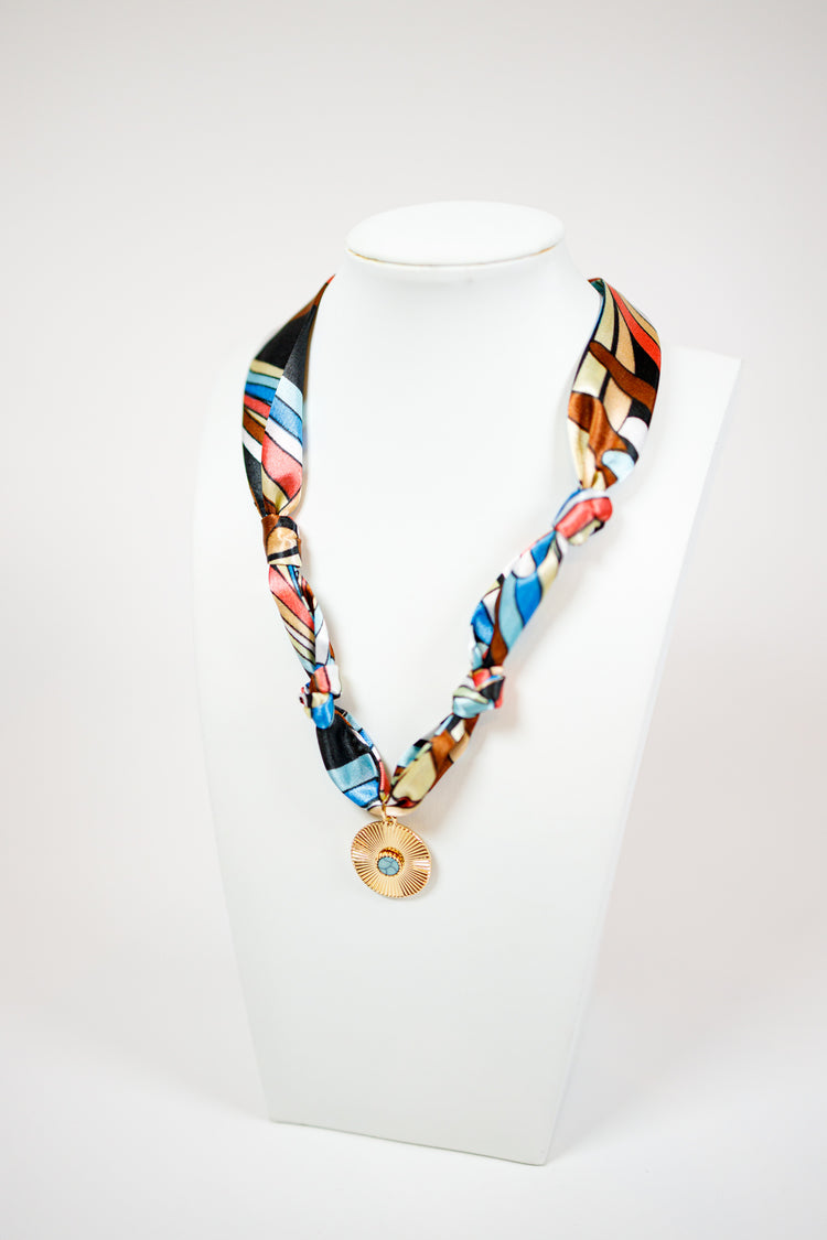 Blue Black Multi Pattern Circle Scarf Necklace