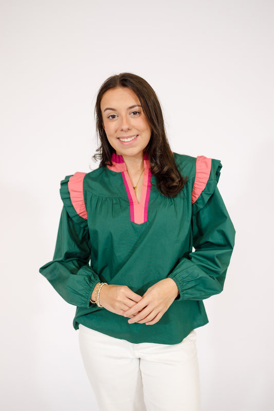 Hunter Green and Pink Contrast Top