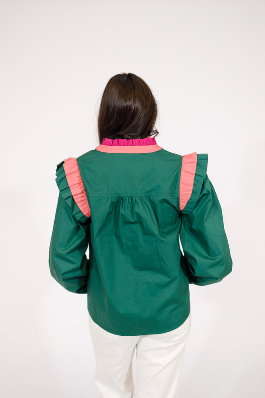 Hunter Green and Pink Contrast Top