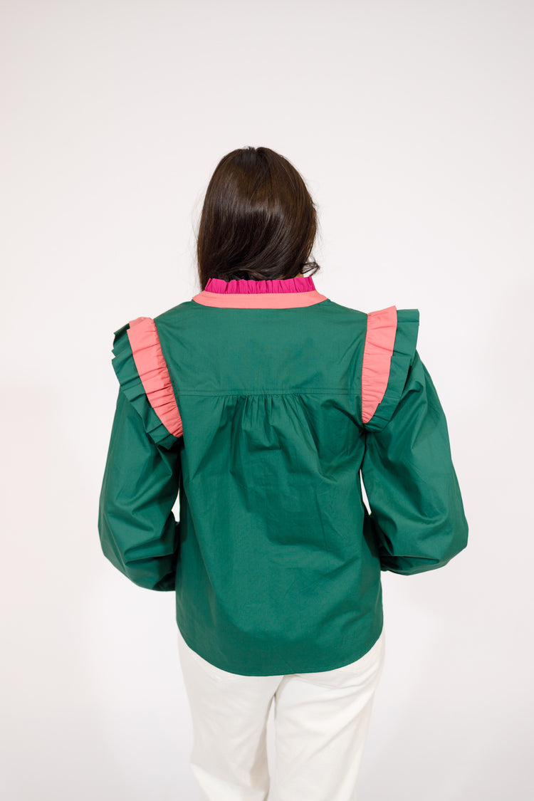 Hunter Green and Pink Contrast Top