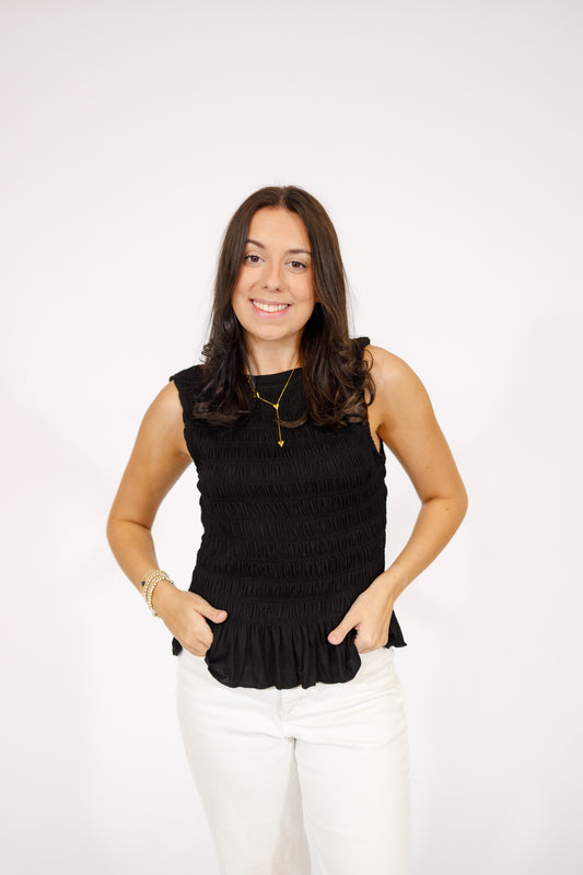 Black Smocked Ruffle Top