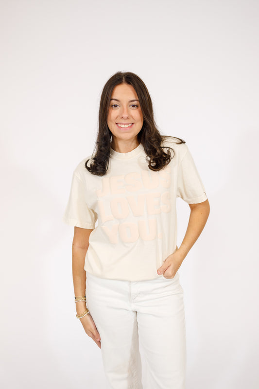 "Jesus Loves You" Puff Print Graphic Tee, S-3XL