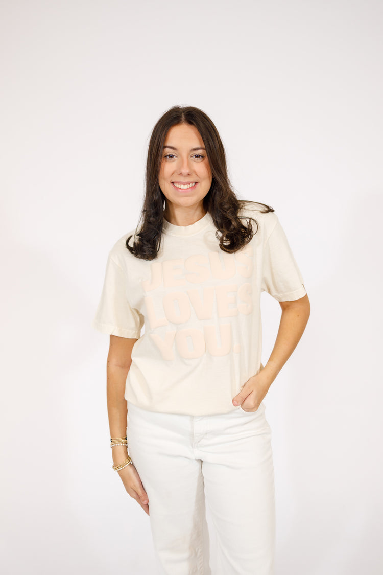 "Jesus Loves You" Puff Print Graphic Tee, S-3XL