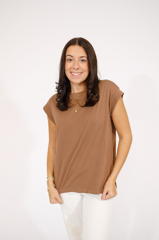 Cotton Cap Sleeve Top, BROWN
