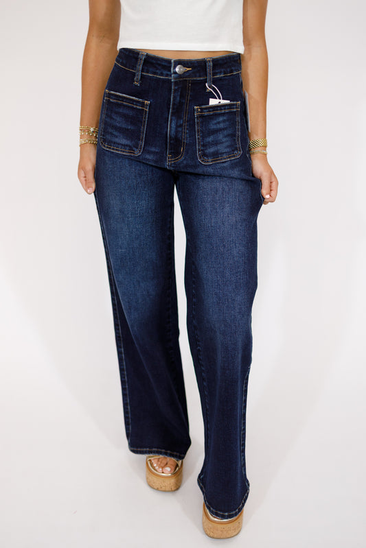 Dark Denim Front Pocket Flare Jeans
