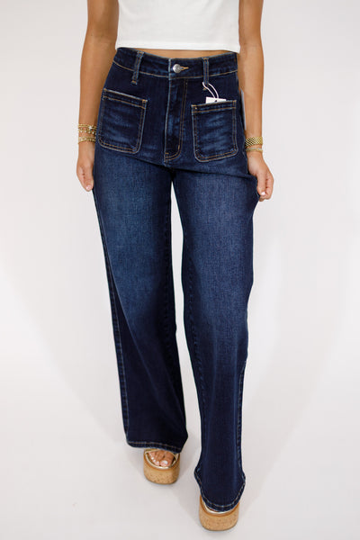 Dark Denim Front Pocket Flare Jeans – Jaxe + Grace Boutique