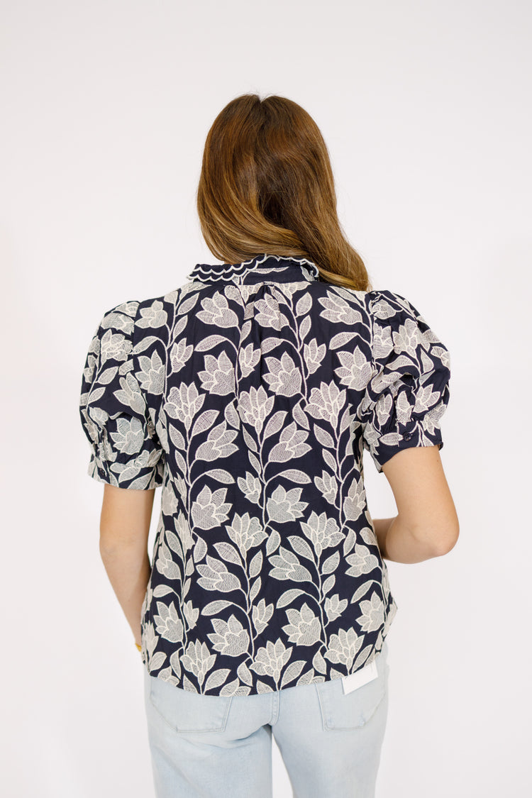 Navy Embroidered Floral Top