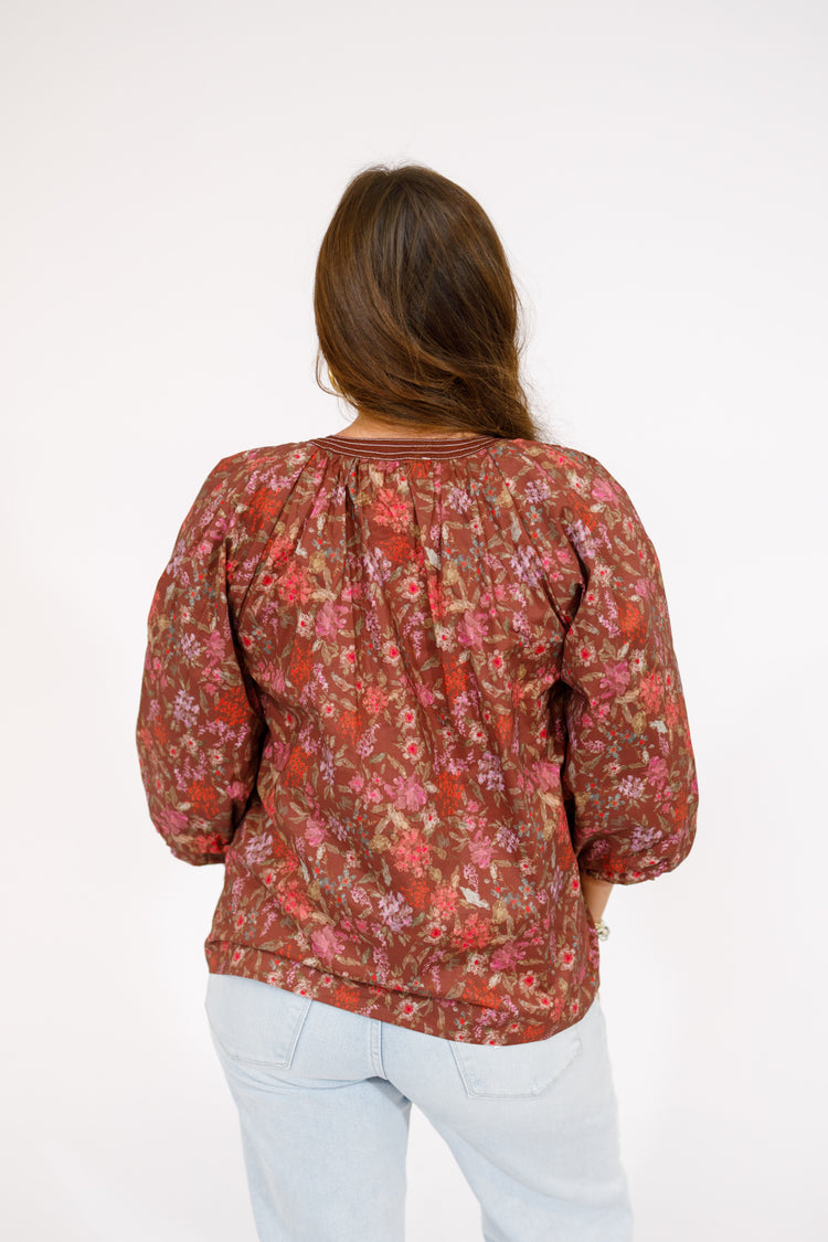 Brown Pattern V-Neck Top