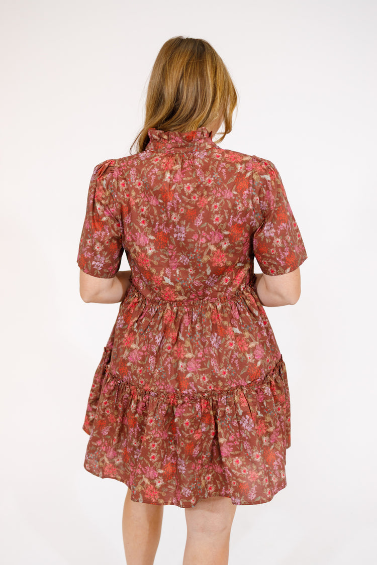 Brown Pattern V-Neck Tiered Mini Dress