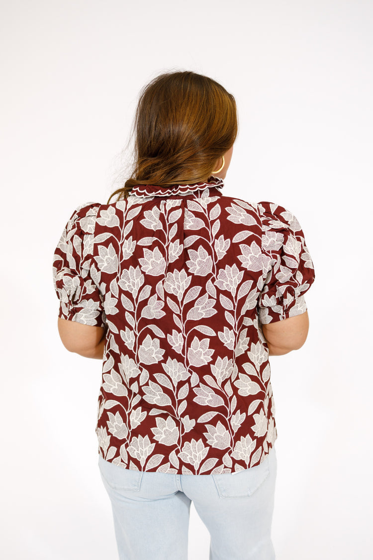 Burgundy Embroidered Floral Top