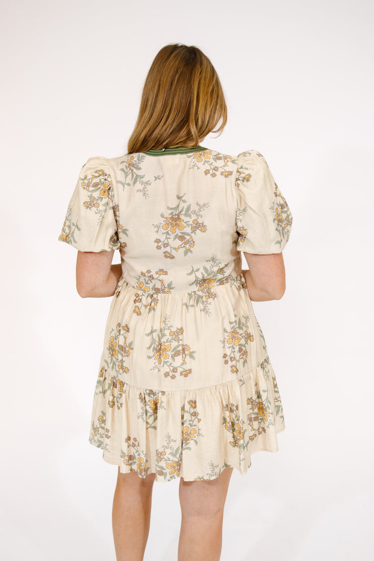 Beige Floral Tiered Puff Sleeve Dress