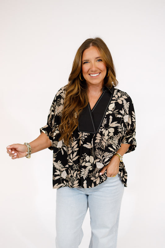 Black Trim Floral Embroider Top