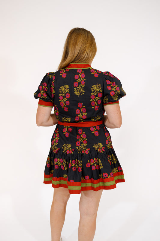 Black and Red Floral Bow Dress, S-2XL