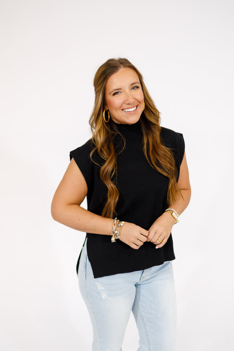 Black Mock Neck High Low Top
