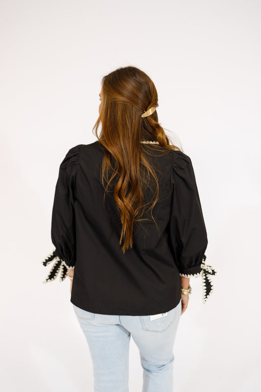 Black Scallop Trim Tie Cuff Top