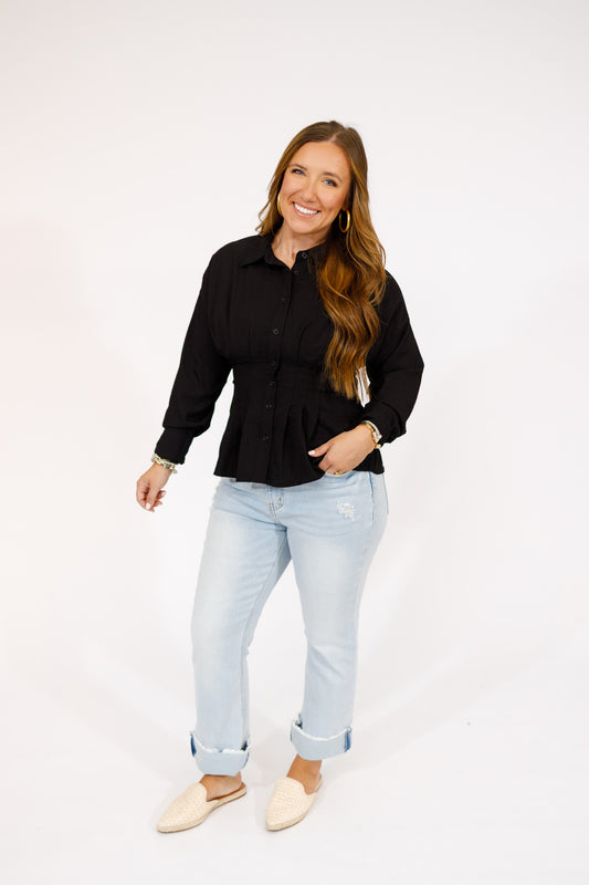Black Pleated Button Top
