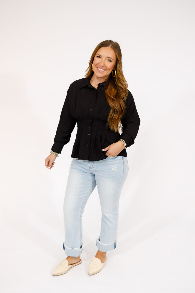 Black Pleated Button Top