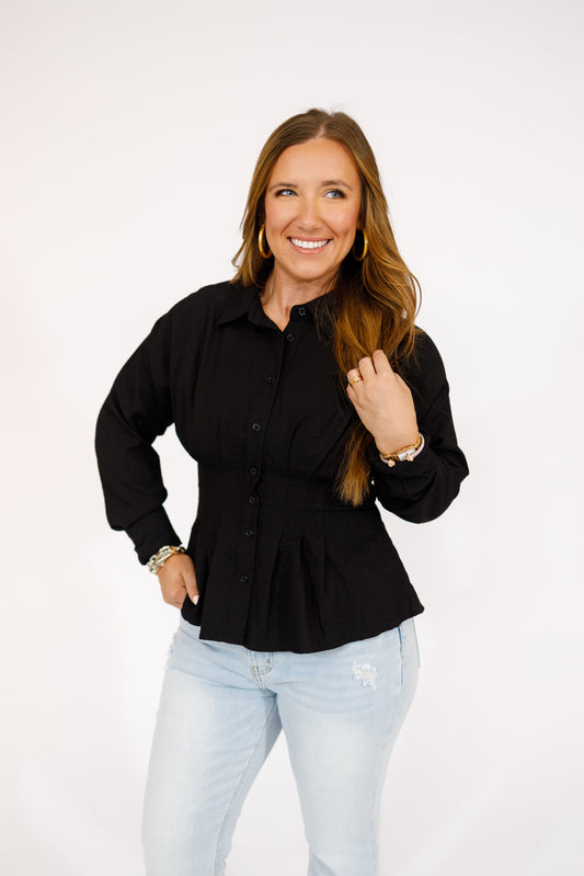 Black Pleated Button Top