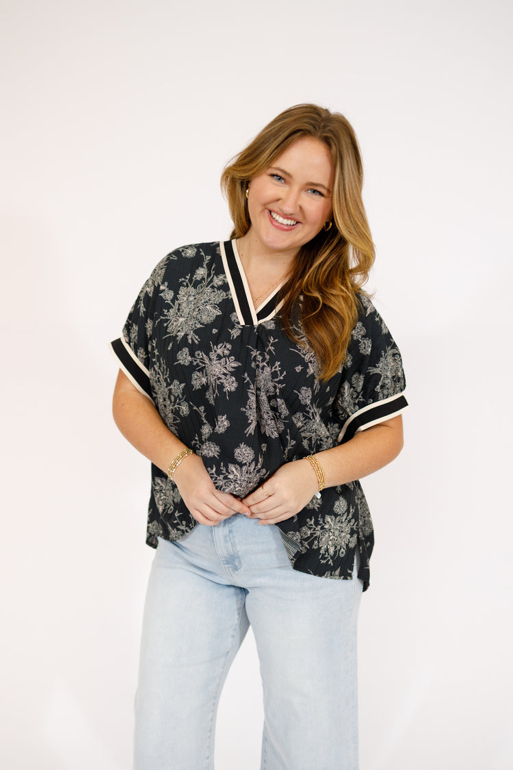 Black Floral Stripe Band Top, S-2XL