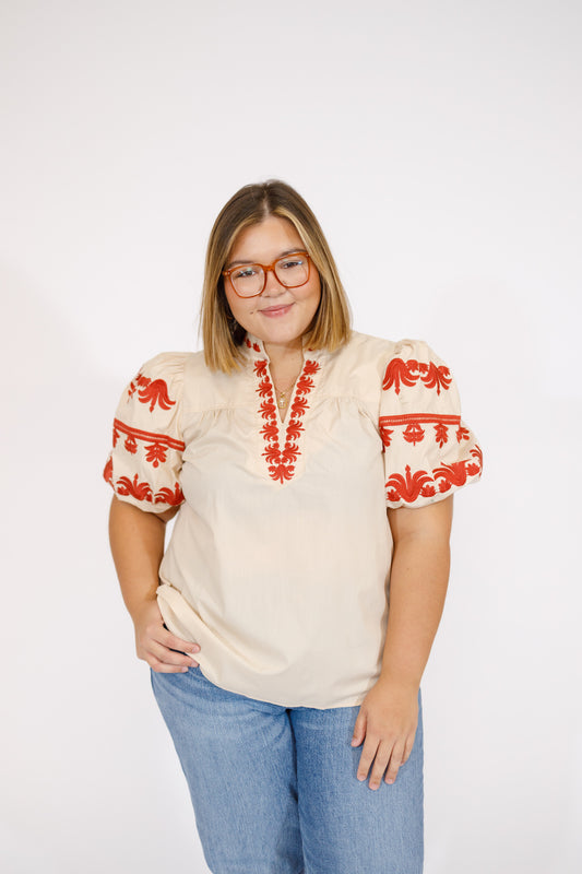 Curvy Beige Embroidered Bubble Sleeve Top