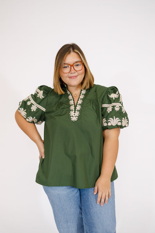 Curvy Olive Embroidered Bubble Sleeve Top