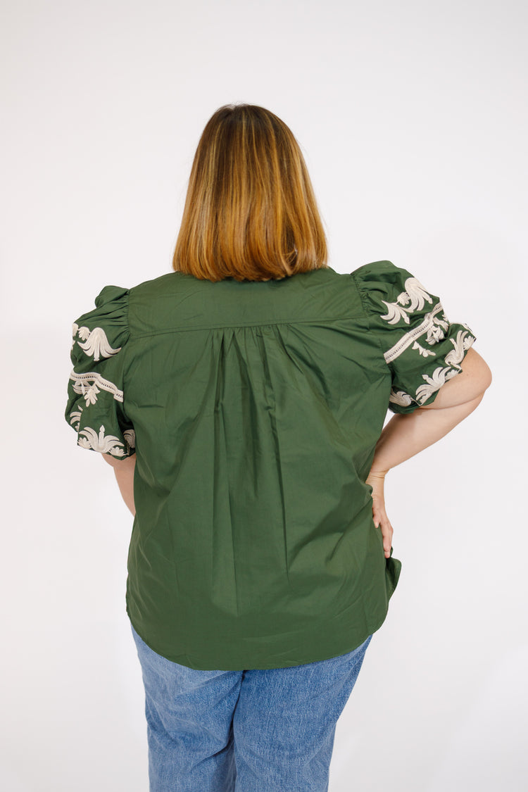 Curvy Olive Embroidered Bubble Sleeve Top