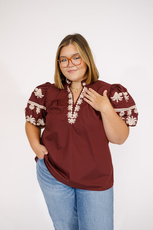 Curvy Burgundy Embroidered Bubble Sleeve Top