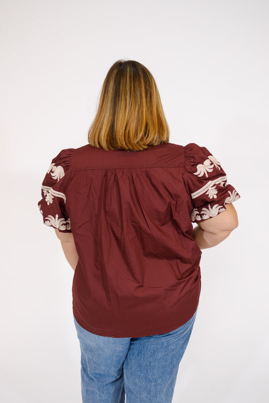 Curvy Burgundy Embroidered Bubble Sleeve Top