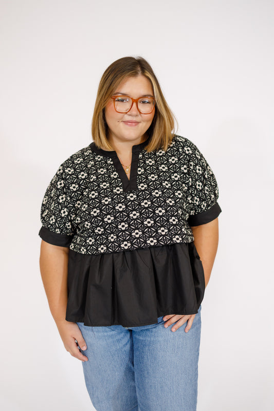 Black Floral Peplum Top, S-2XL