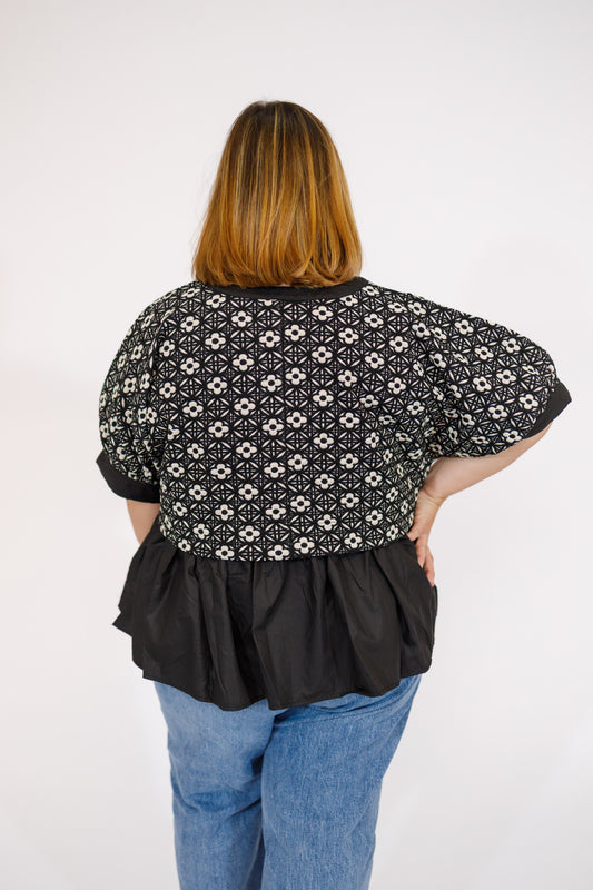 Black Floral Peplum Top, S-2XL