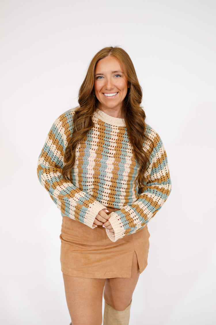Camel and Sage Stripe Crochet Sweater