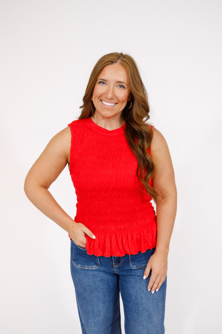 Red Smocked Ruffle Top