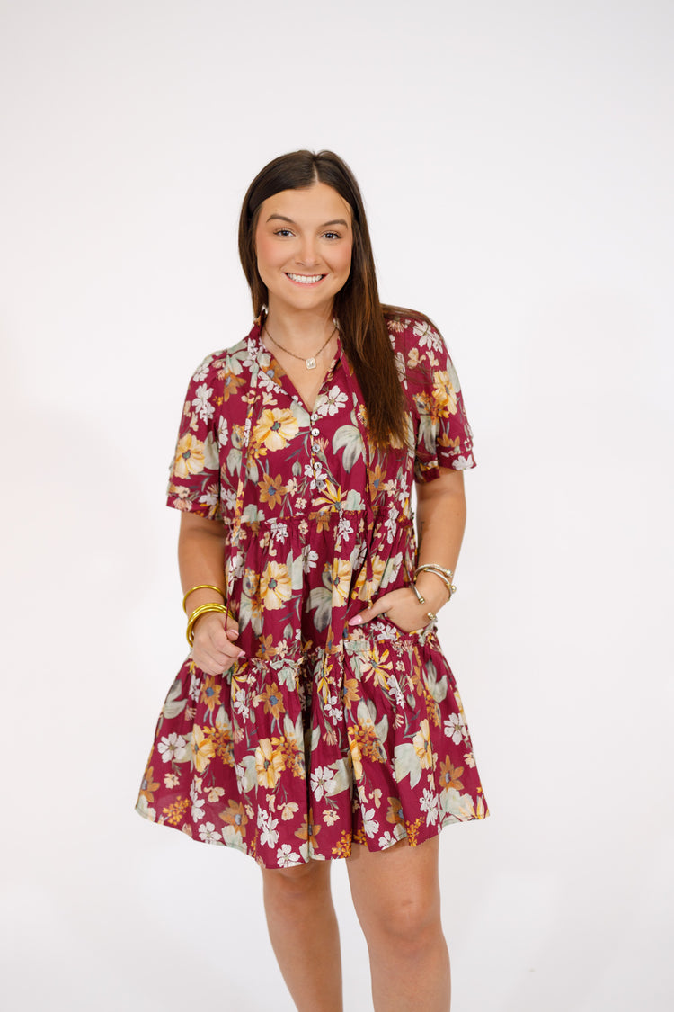 Wine Floral Tiered Tassel Dress