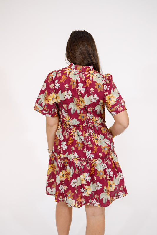 Wine Floral Tiered Tassel Dress
