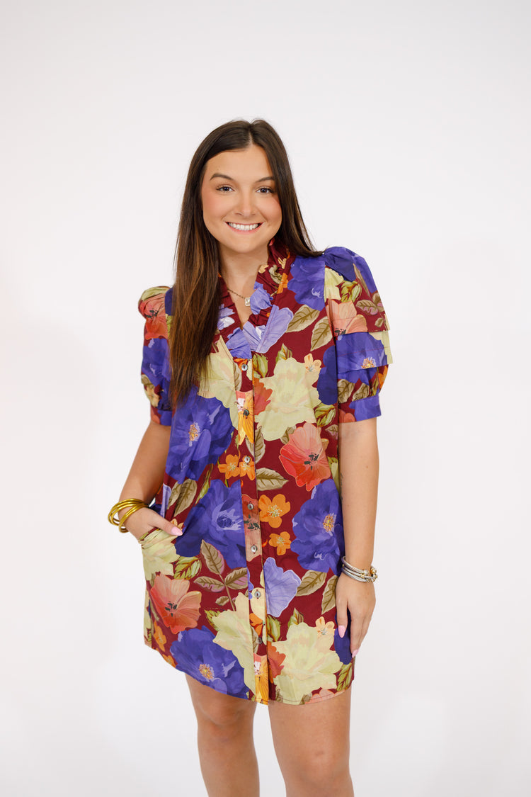 Burgundy Floral Ruffle Neck Dress