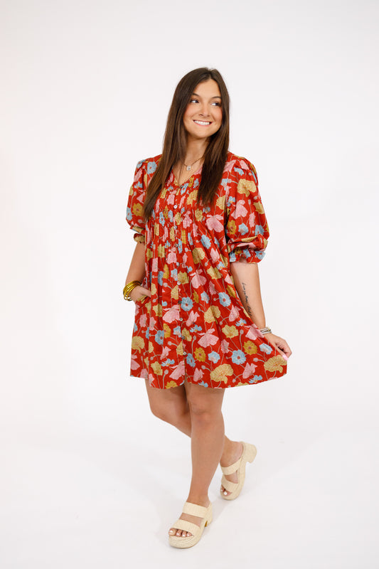 Brick Multi Floral Bubble Sleeve Dress
