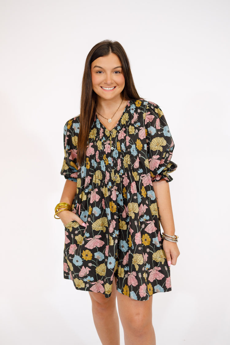 Black Multi Floral Bubble Sleeve Dress