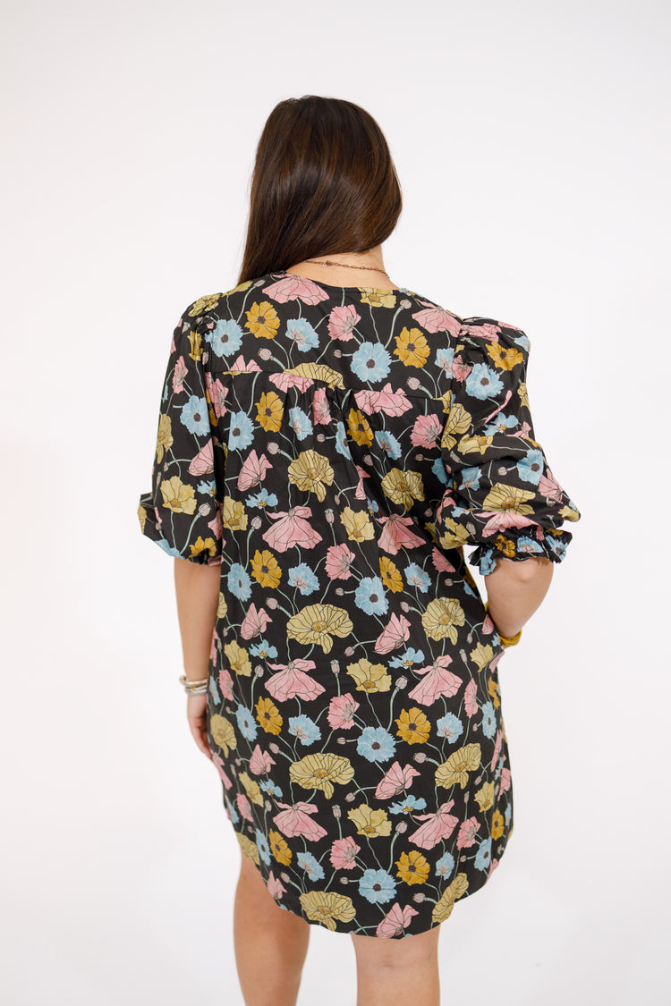 Black Multi Floral Bubble Sleeve Dress