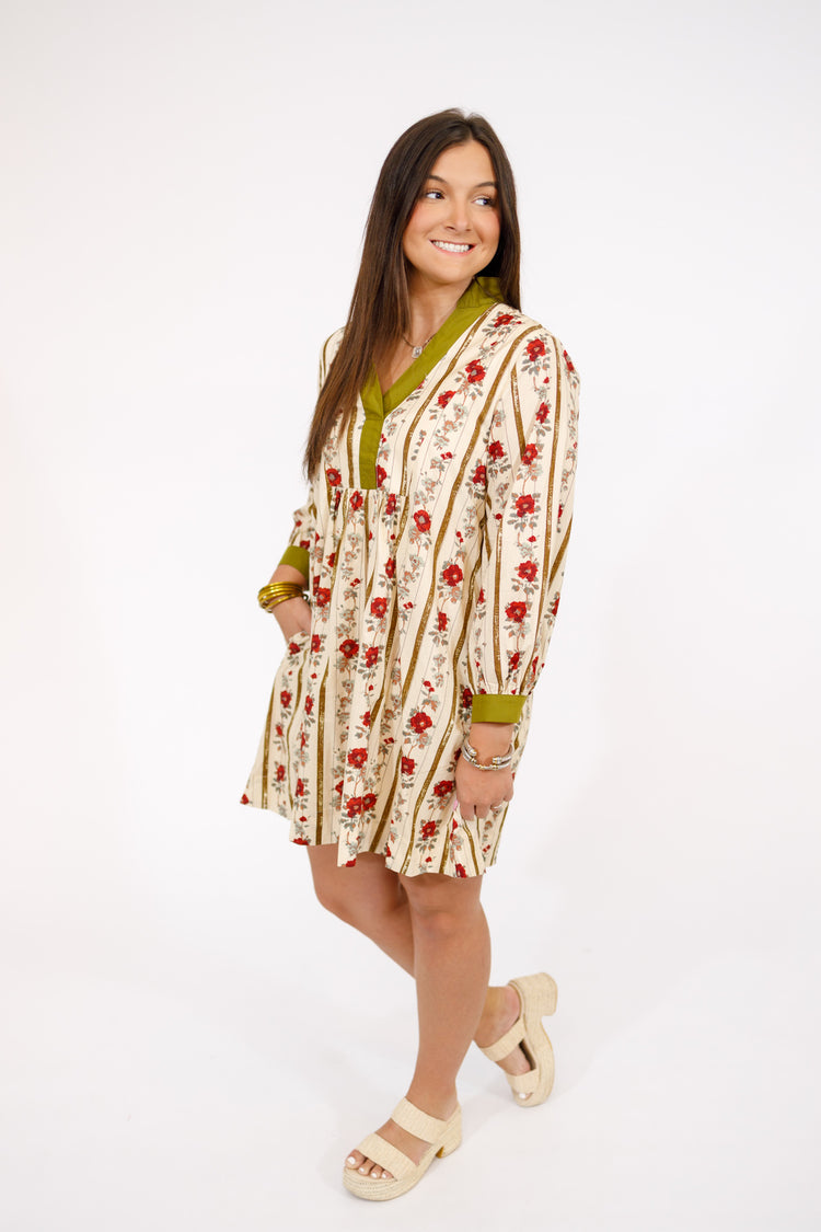 Olive Floral and Stripe Bubble Sleeve Mini Dress