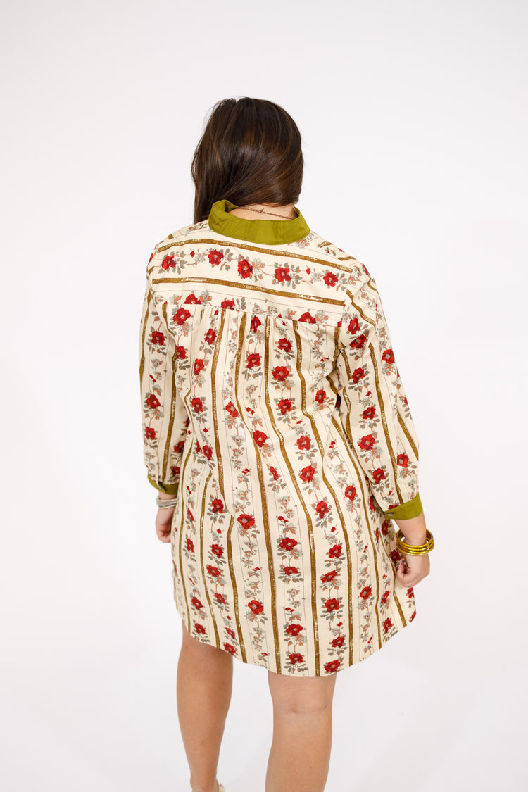 Olive Floral and Stripe Bubble Sleeve Mini Dress