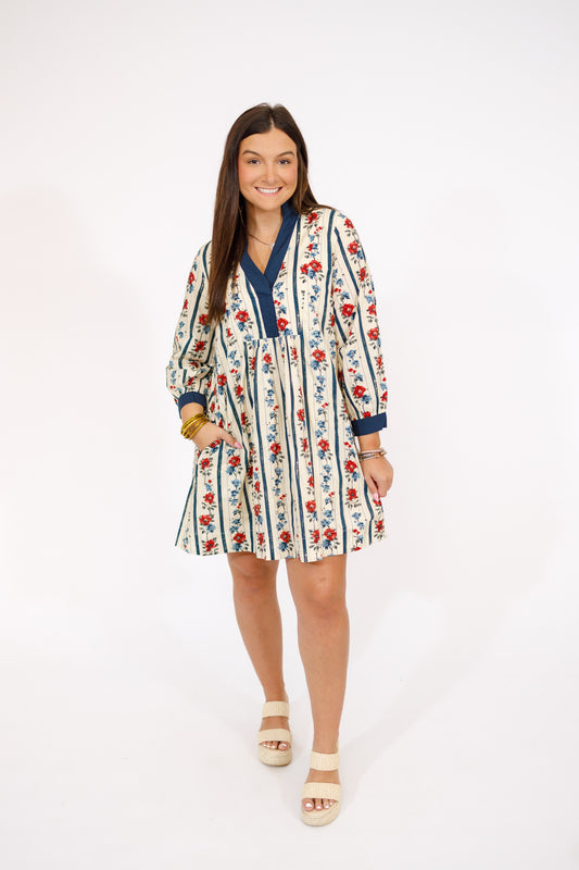 Navy Floral and Stripe Bubble Sleeve Mini Dress