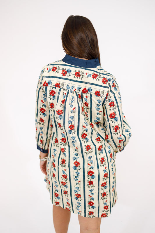 Navy Floral and Stripe Bubble Sleeve Mini Dress