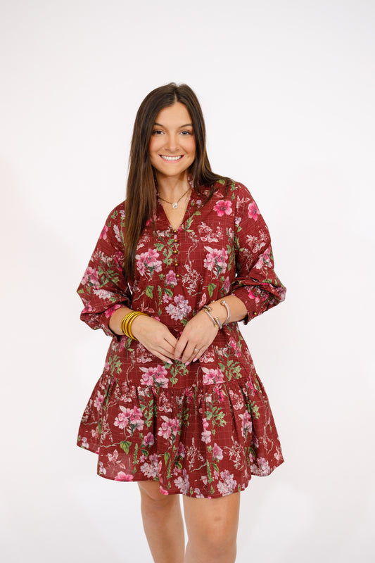 Burgundy Checker and Floral Dress