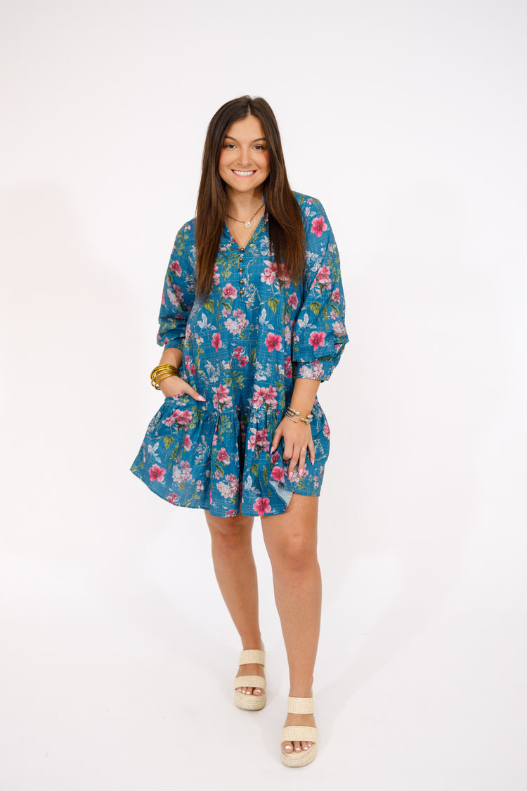 Teal Checker and Floral Dress